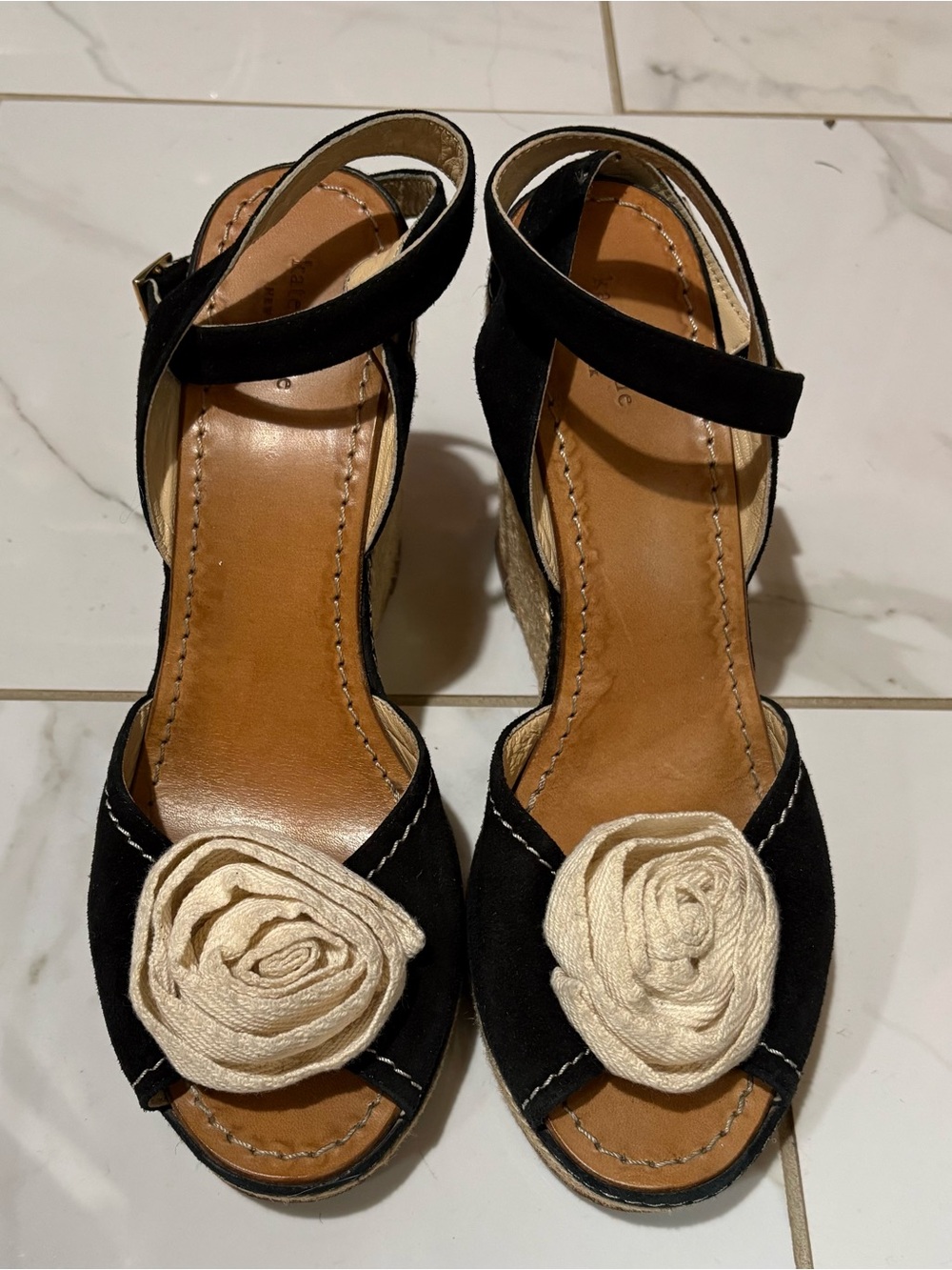 Kate Spade Black Wedge Sandals with Cream Floral Accent